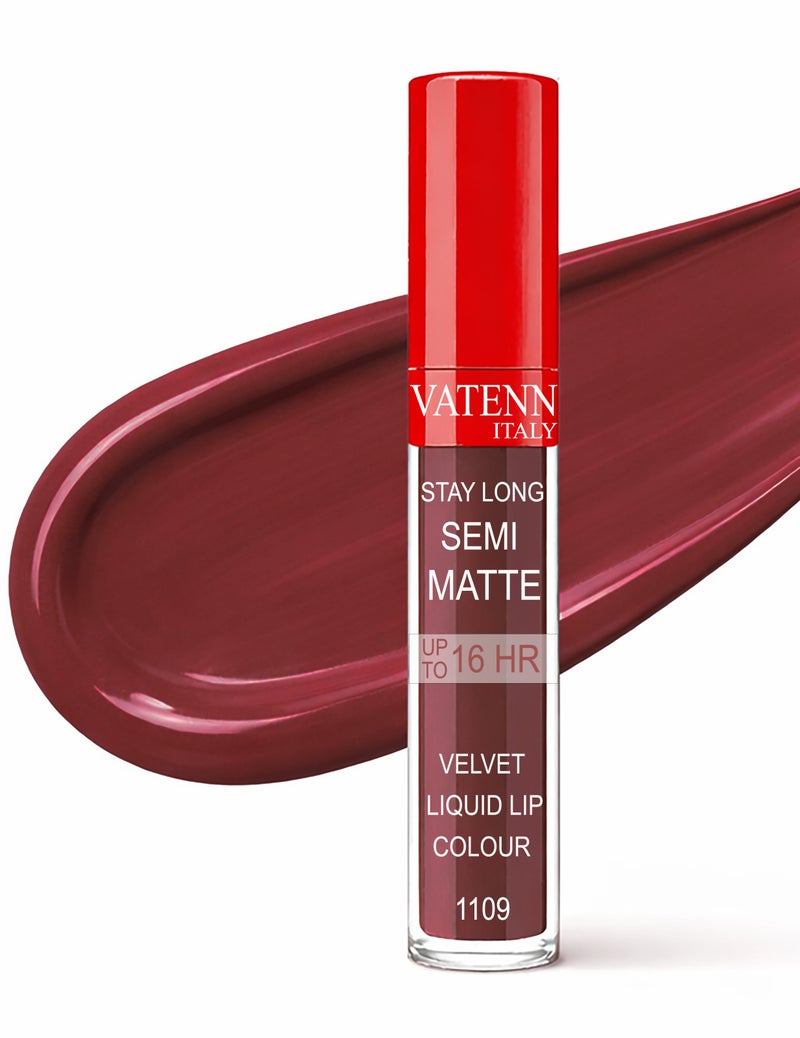 VATENN ITALY لون شفاه سائل مخملي شبه مات 1109 - أحمر شفاه سائل مرطب مع تركيبة مرطبة، لمسة لامعة ناعمة، غير لزج ووزن خفيف - Image 1